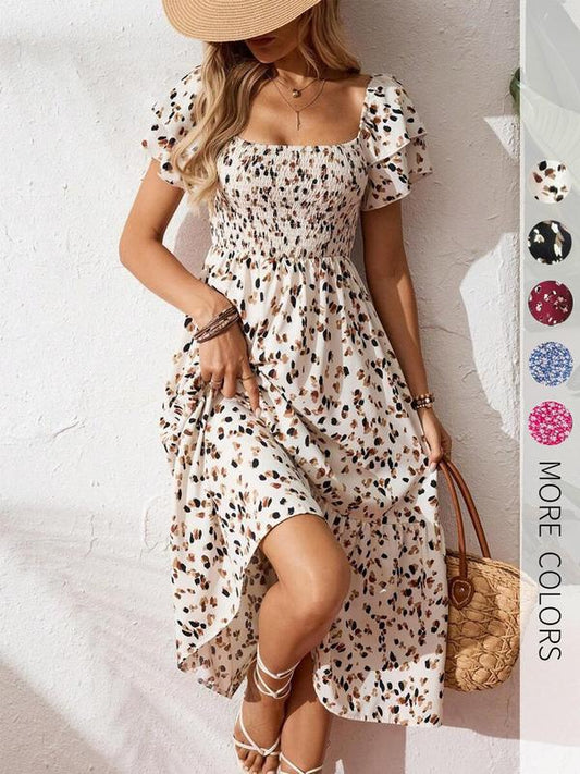 🌈¡Oferta de Verano 2026 50% DTO!✨Vestido Midi Floral con Escote Cuadrado – Corpiño Fruncido, Falda Escalonada Fluida, Romántico🌸