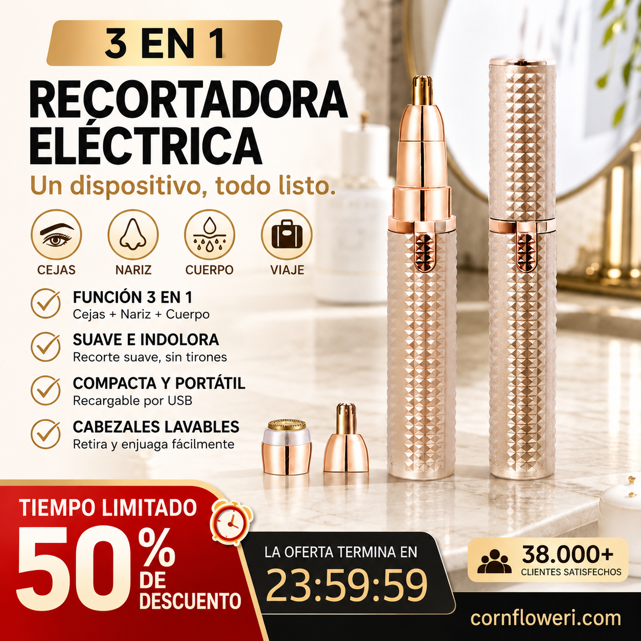 💁‍♀️ Cejas Perfectas, Sin Dolor – Depiladora Eléctrica Portátil para Cejas, Cabezales Intercambiables para Cara y Bikini. 50% Descuento.