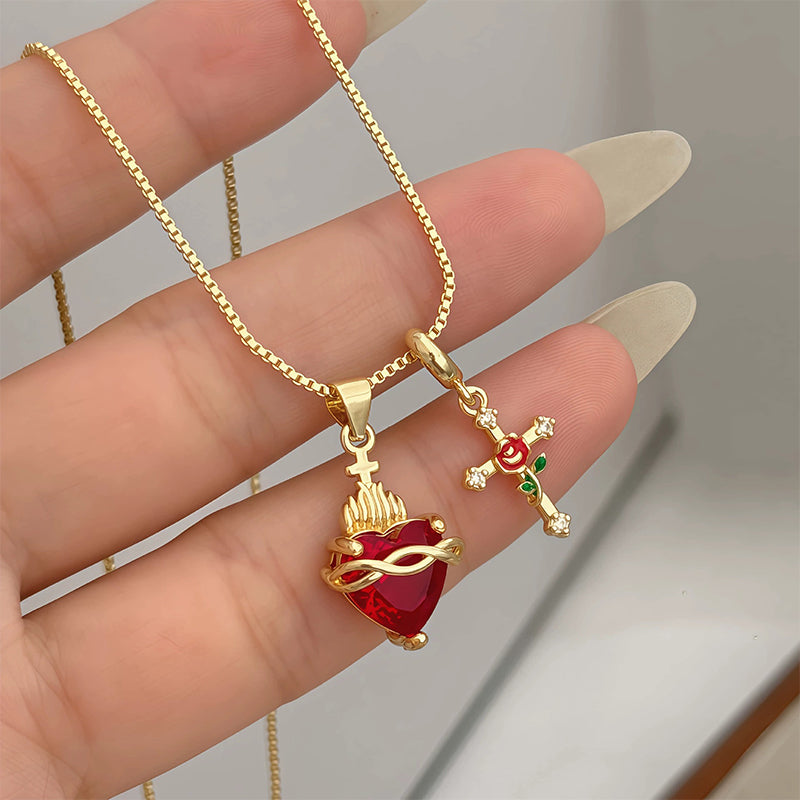 💟Collar colgante del Sagrado Corazón y la Cruz de la Rosa