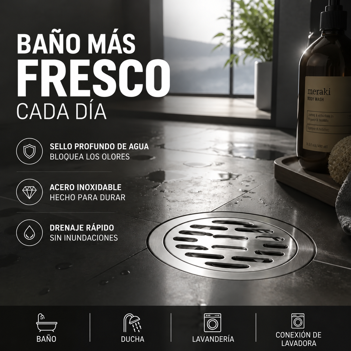 Coladera de Piso Redonda en Acero Inoxidable con Sistema Antiolor