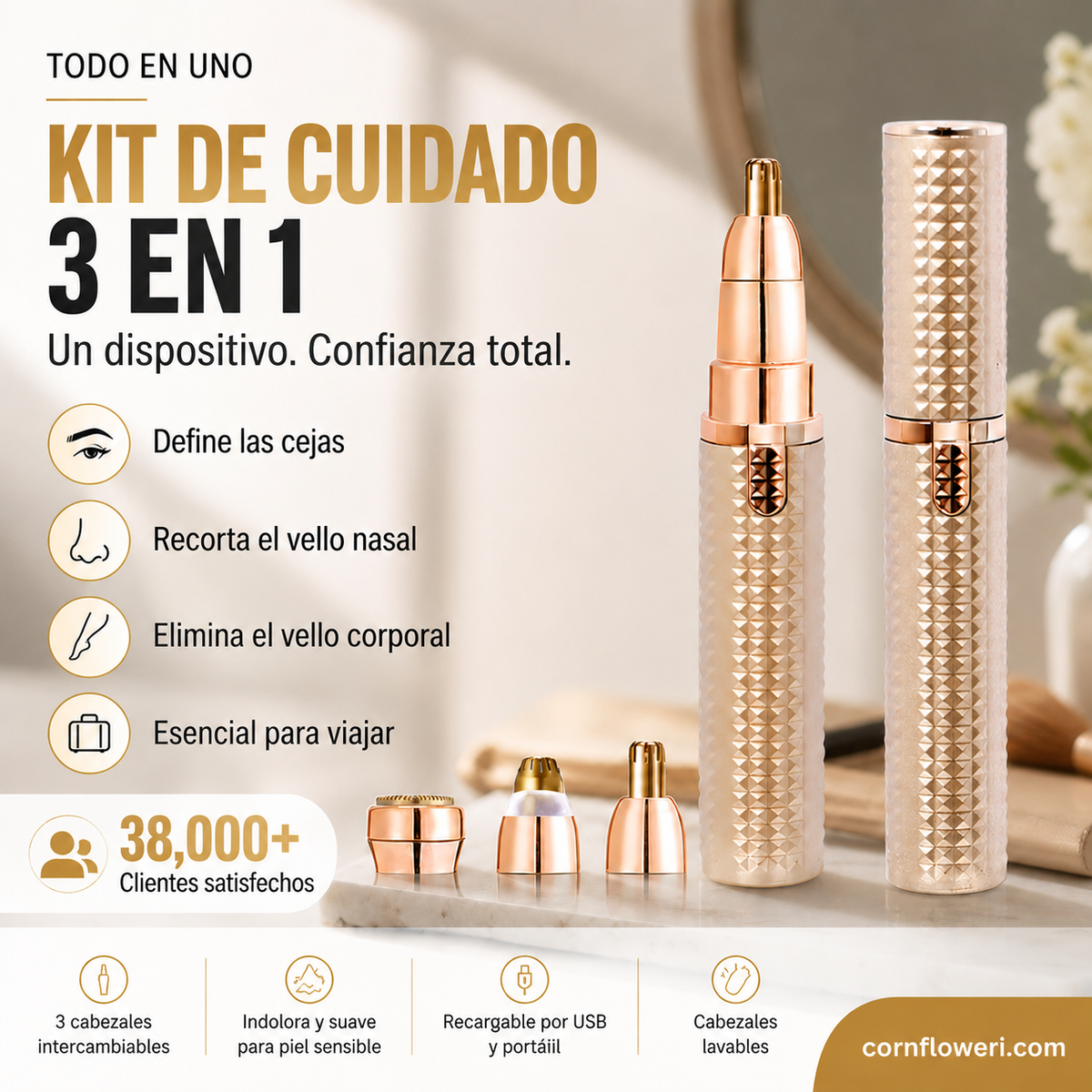 💁‍♀️ Cejas Perfectas, Sin Dolor – Depiladora Eléctrica Portátil para Cejas, Cabezales Intercambiables para Cara y Bikini. 50% Descuento.