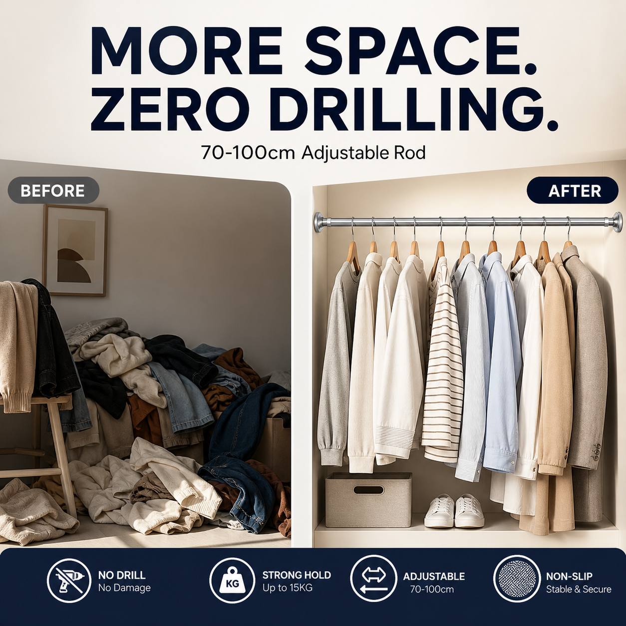 🔥 ¡Hoy 50% DE DESCUENTO! 🏠 Barra extensible ajustable sin taladrar – Instalación rápida, resistente y versátil