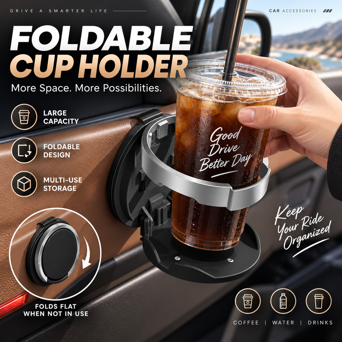 ⏳Envío gratis por ambos artículos✈️Portavasos Plegable para Puerta de Coche, Soporte Multifuncional de Gran Apertura para Botellas🚗🥤