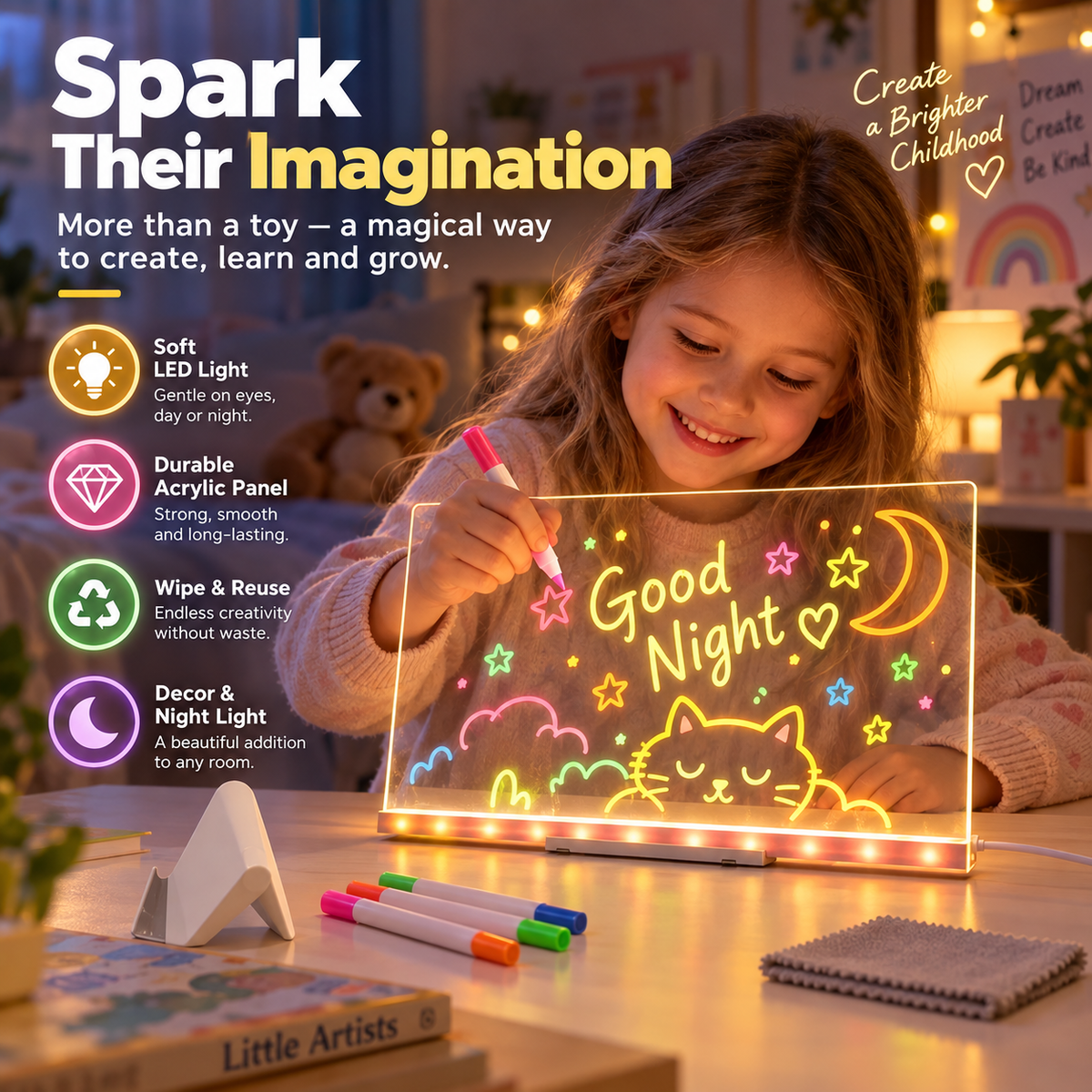 Pizarra acrílica infantil borrable con luz LED · Tamaños S–L