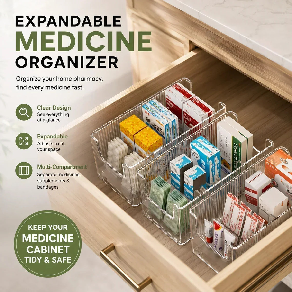 🔥 Transparent Expandable Medicine Organizer — expandable, perfect for a tidy medicine cabinet 💊🗄️