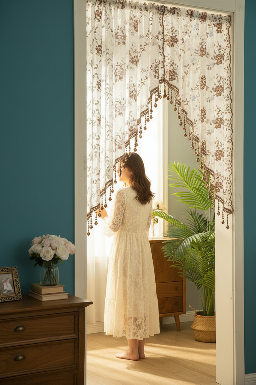 🔥55 % de descuento en productos seleccionados🎉🌸Cortina corta de encaje para puerta con borlas