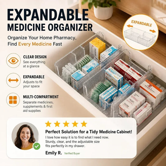 🔥 Organizador de medicamentos transparente y extensible: extensible, perfecto para tener el botiquín bien ordenado 💊🗄️