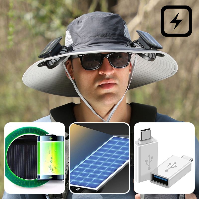 Sombrero de Pesca de Ala Ancha con Ventilador de Energía Solar & Carga USB