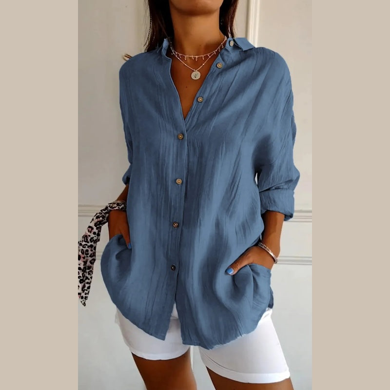 🌷Oferta de verano 50% de descuento💝Camisa clásica con solapa de un solo pecho y textura plisada para mujer