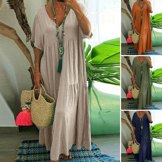 👗 ¡50% DE DESCUENTO POR TIEMPO LIMITADO! ✨ Vestido Largo Casual para Mujer – Cuello en V, Holgado y Fluido 🌾