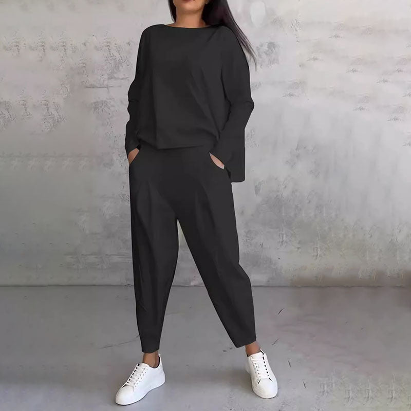 👗Conjunto de 2 Piezas de Talla Grande para Mujer | Top de Cuello Redondo + Pantalón Holgado + Cómodo para Uso Diario✨