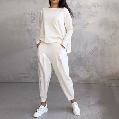 👗Conjunto de 2 Piezas de Talla Grande para Mujer | Top de Cuello Redondo + Pantalón Holgado + Cómodo para Uso Diario✨