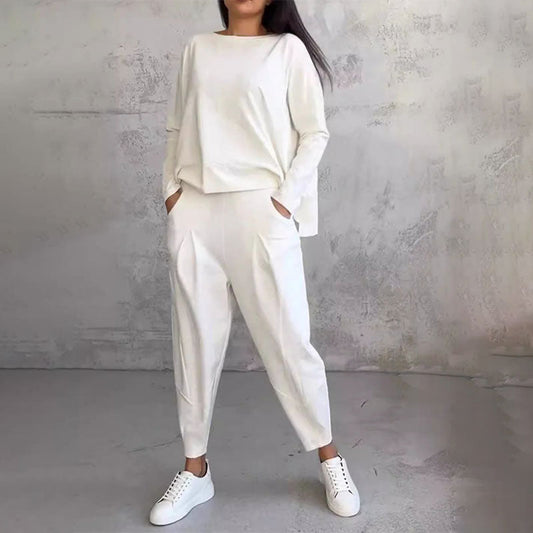 👗Conjunto de 2 Piezas de Talla Grande para Mujer | Top de Cuello Redondo + Pantalón Holgado + Cómodo para Uso Diario✨