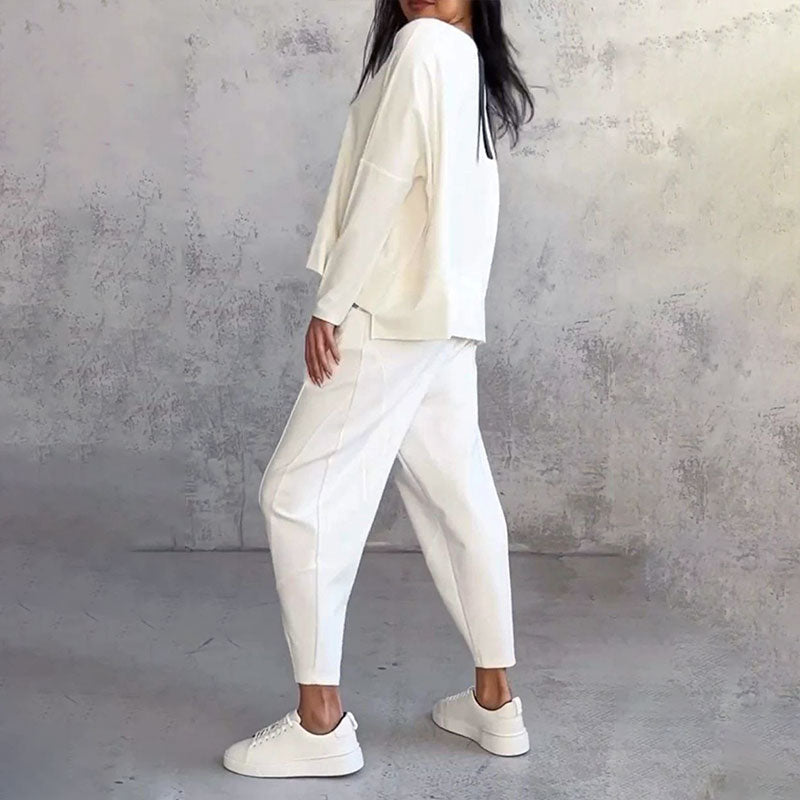 Top de cuello redondo y manga larga ＆ Pantalón Conjunto de 2 piezas