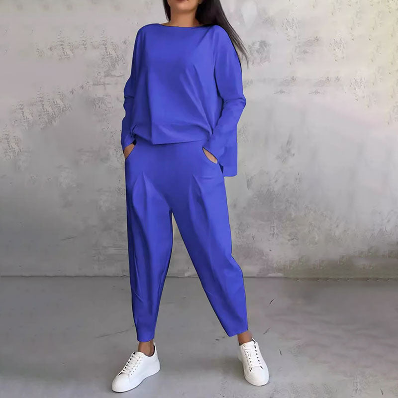 👗Conjunto de 2 Piezas de Talla Grande para Mujer | Top de Cuello Redondo + Pantalón Holgado + Cómodo para Uso Diario✨
