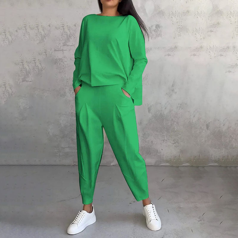 Top de cuello redondo y manga larga ＆ Pantalón Conjunto de 2 piezas