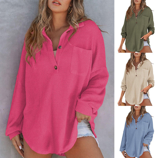 Camisa de punto waffle suelta de color sólido para mujer