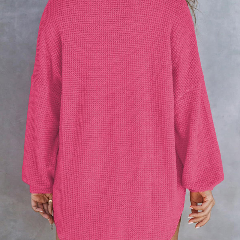 Camisa de punto waffle suelta de color sólido para mujer