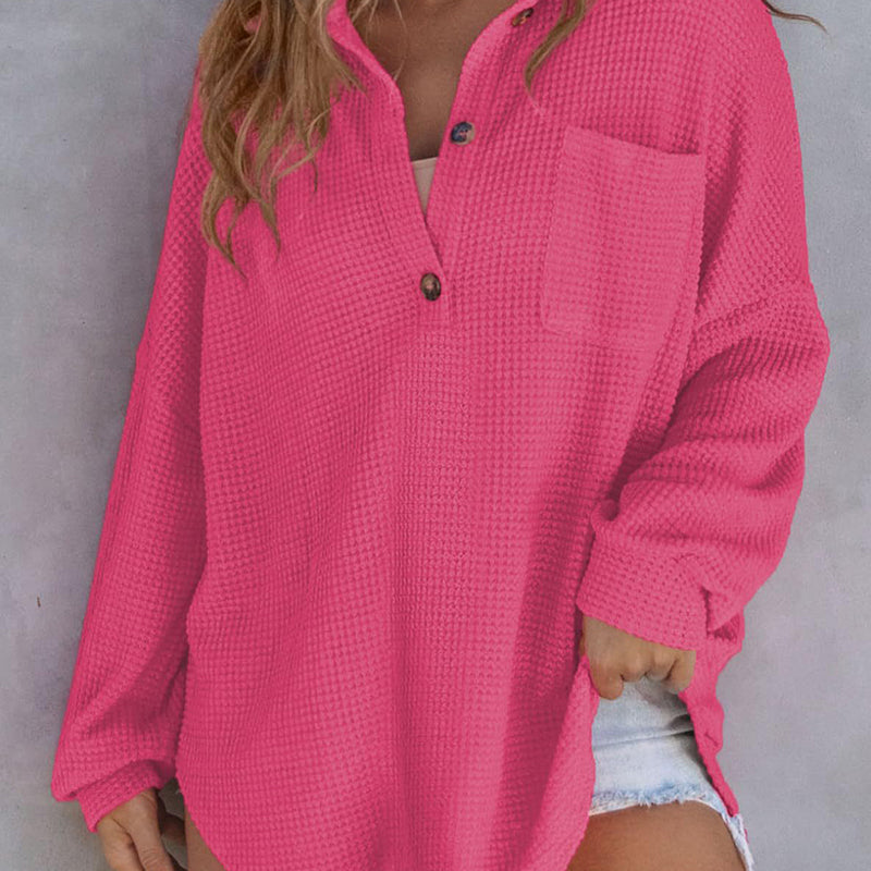 Camisa de punto waffle suelta de color sólido para mujer