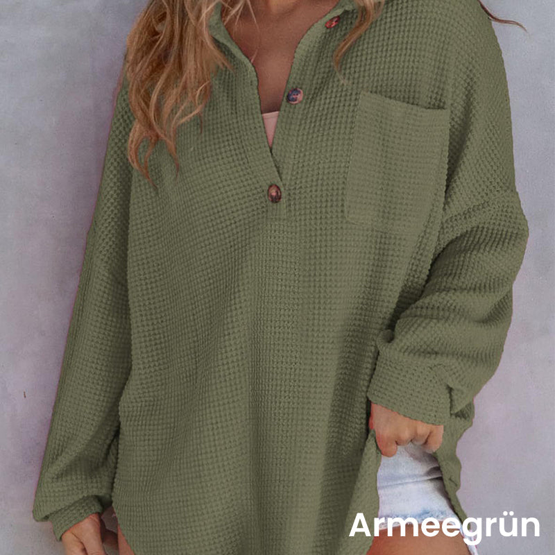 Camisa de punto waffle suelta de color sólido para mujer
