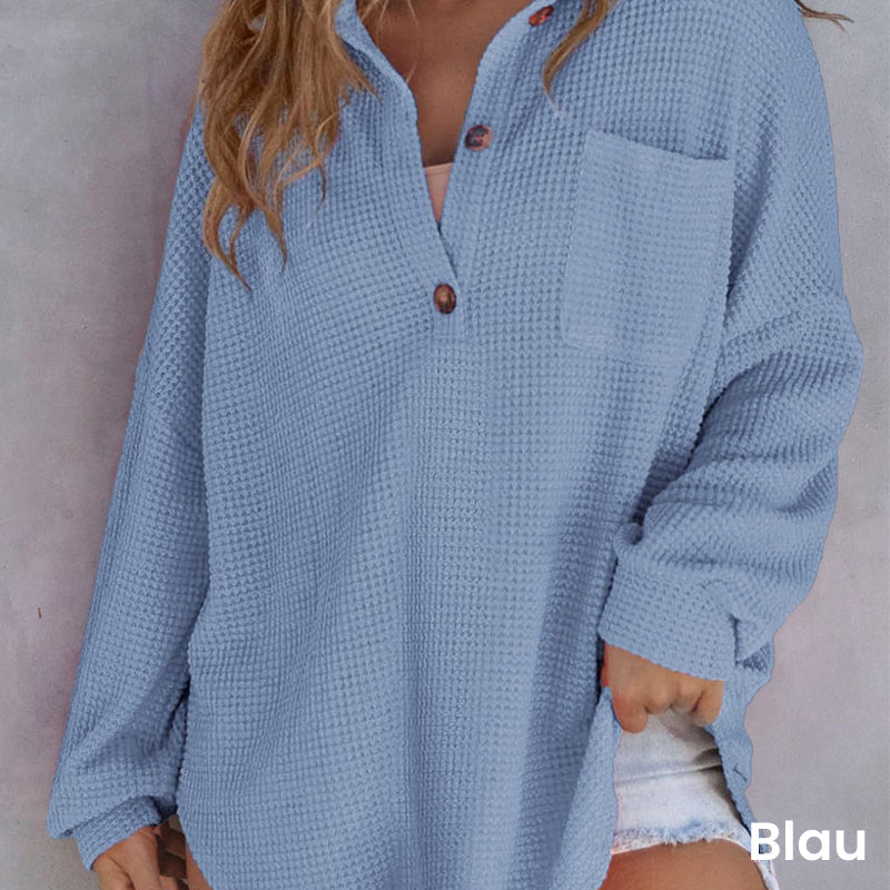 Camisa de punto waffle suelta de color sólido para mujer