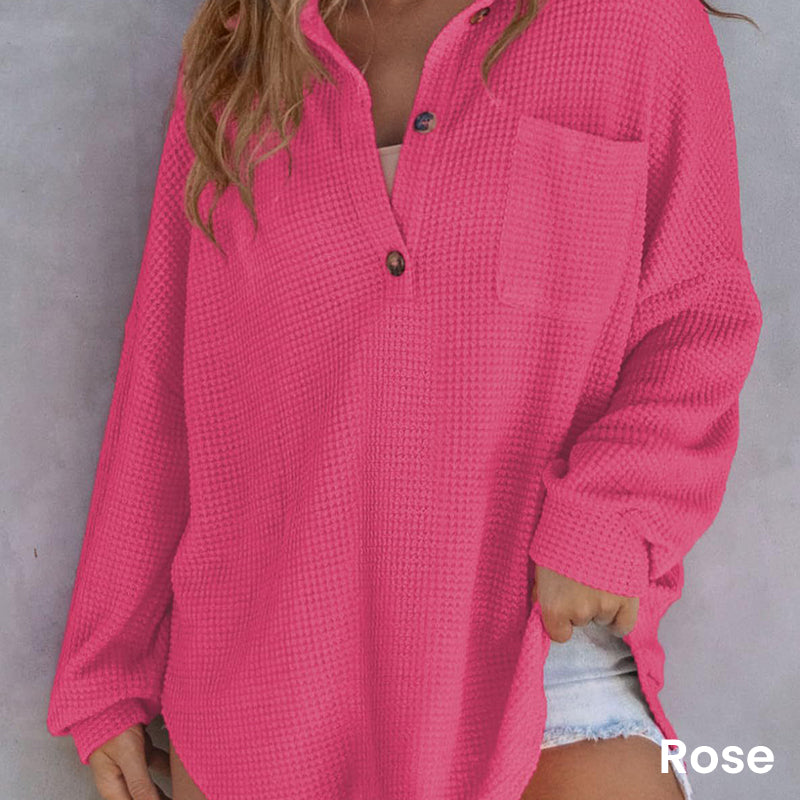 Camisa de punto waffle suelta de color sólido para mujer