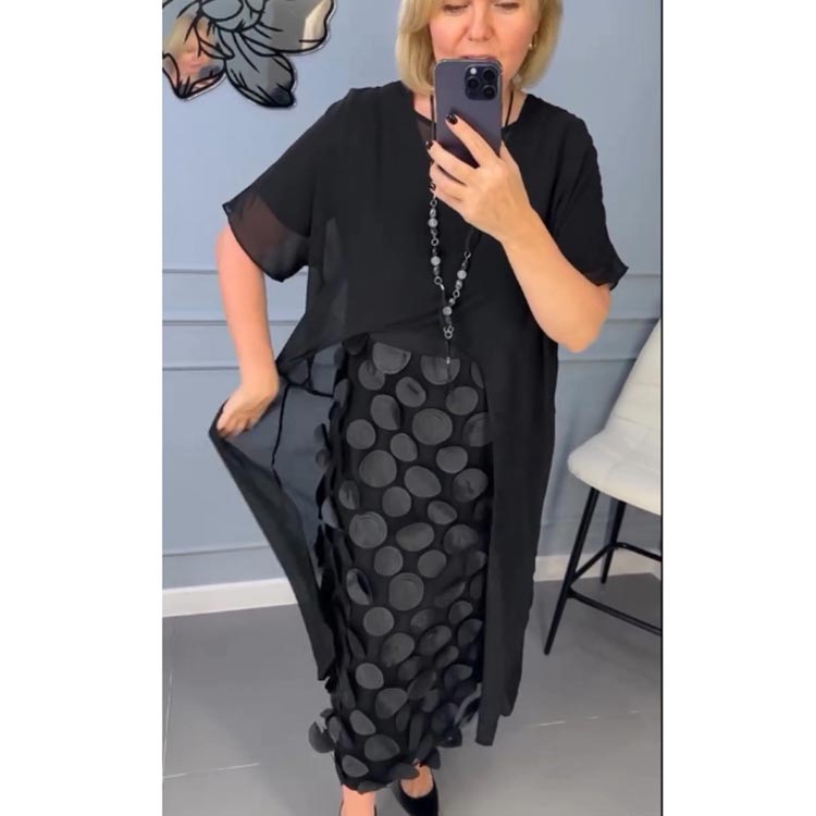 Conjunto de 2 piezas de vestido negro elegante con escote en V y prendas exteriores irregulares para mujer