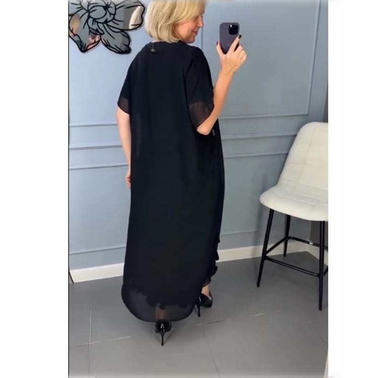 Conjunto de 2 piezas de vestido negro elegante con escote en V y prendas exteriores irregulares para mujer