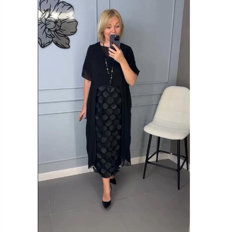 Conjunto de 2 piezas de vestido negro elegante con escote en V y prendas exteriores irregulares para mujer