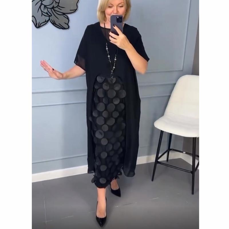 Conjunto de 2 piezas de vestido negro elegante con escote en V y prendas exteriores irregulares para mujer