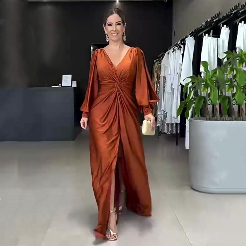 Vestido Largo de Color Sólido Brillante para Mujer