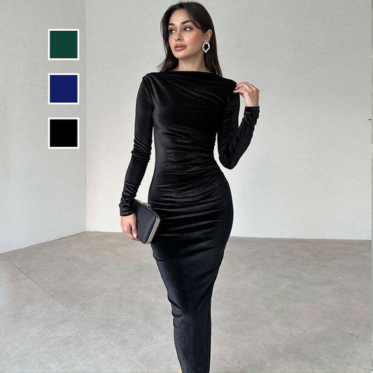 Vestido Ajustado de Manga Larga de Color Sólido para Mujer