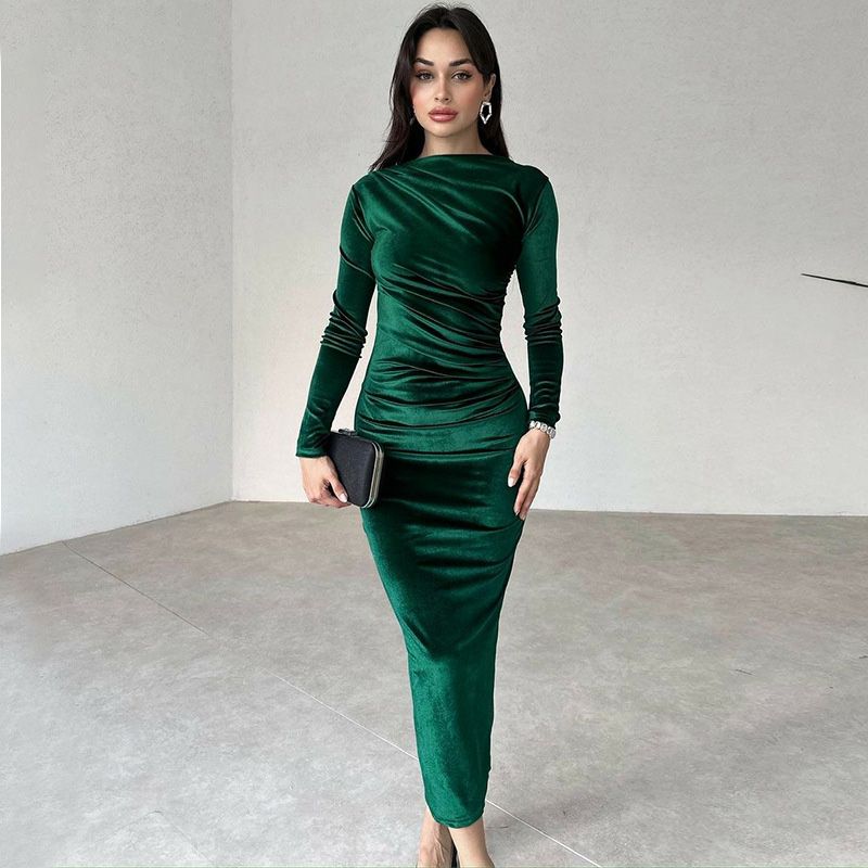 Vestido Ajustado de Manga Larga de Color Sólido para Mujer