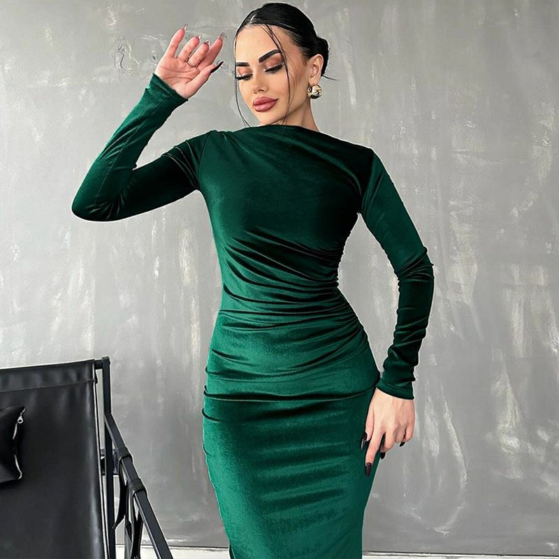 Vestido Ajustado de Manga Larga de Color Sólido para Mujer