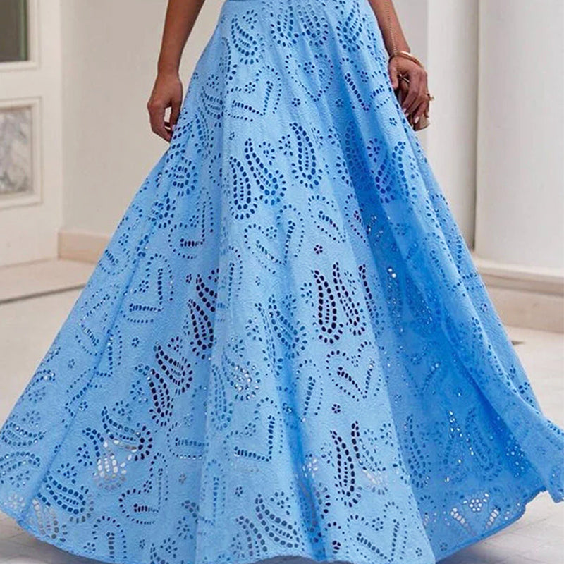 Paris Dreaming Embroidered Lace High Rise Elastic Waist Pocketed Maxi Skirt