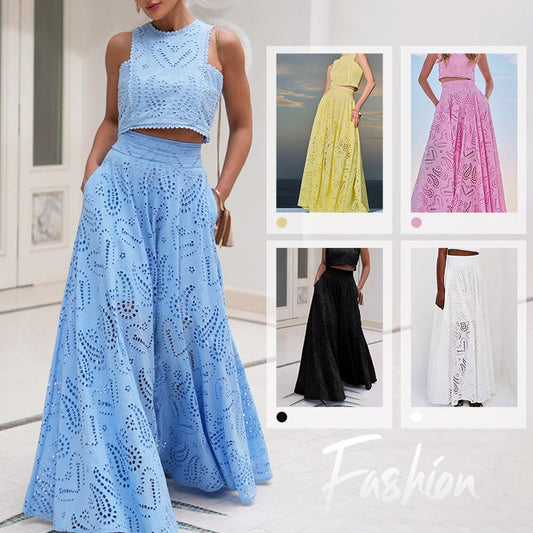 Falda Maxi Paris Dreaming con Encaje Bordado, Cintura Elástica Alta y Bolsillos