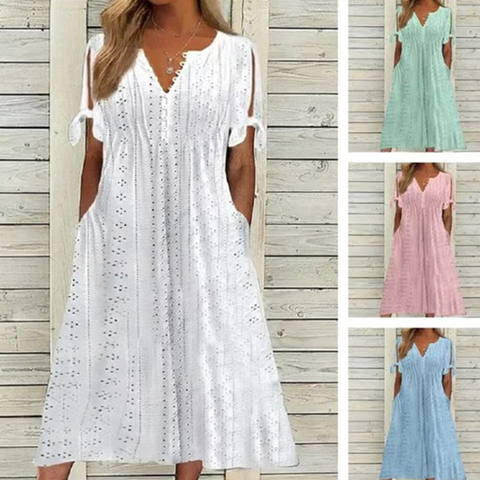 ⏰Rebajas de último día 49% de descuento💃Vestido elegante sólido cuello pico calado de mujer