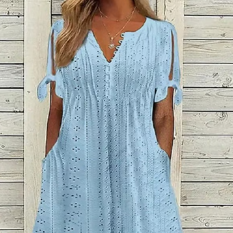 ⏰Rebajas de último día 49% de descuento💃Vestido elegante sólido cuello pico calado de mujer