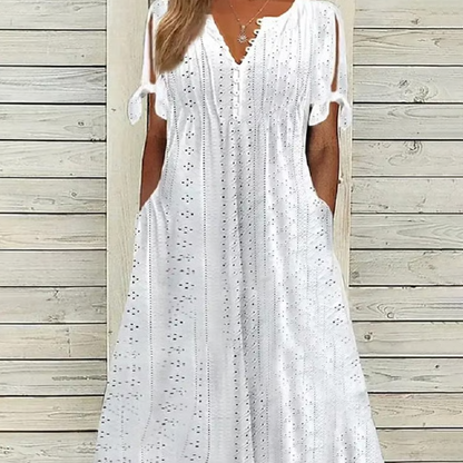 ⏰Rebajas de último día 49% de descuento💃Vestido elegante sólido cuello pico calado de mujer
