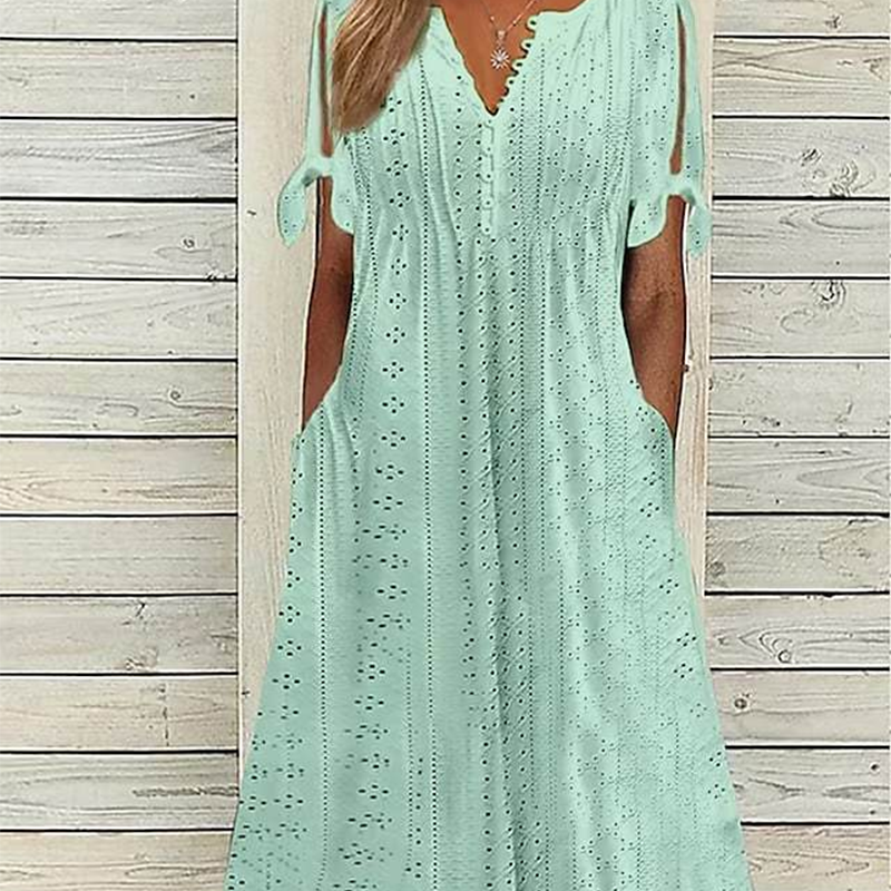 ⏰Rebajas de último día 49% de descuento💃Vestido elegante sólido cuello pico calado de mujer