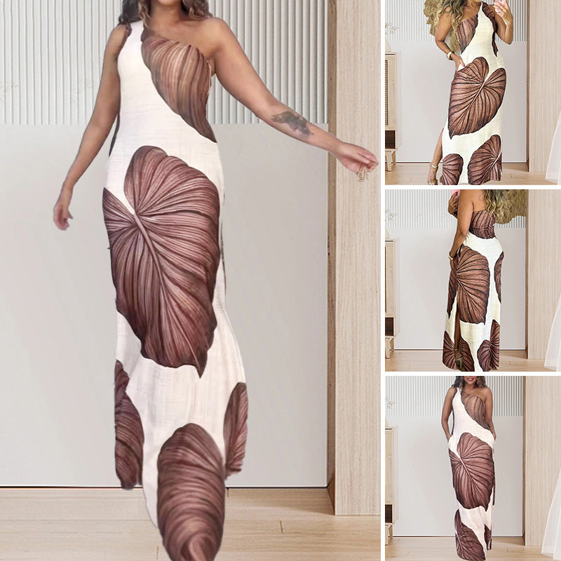 Vestido largo ajustado de un solo hombro con estampado de palmeras