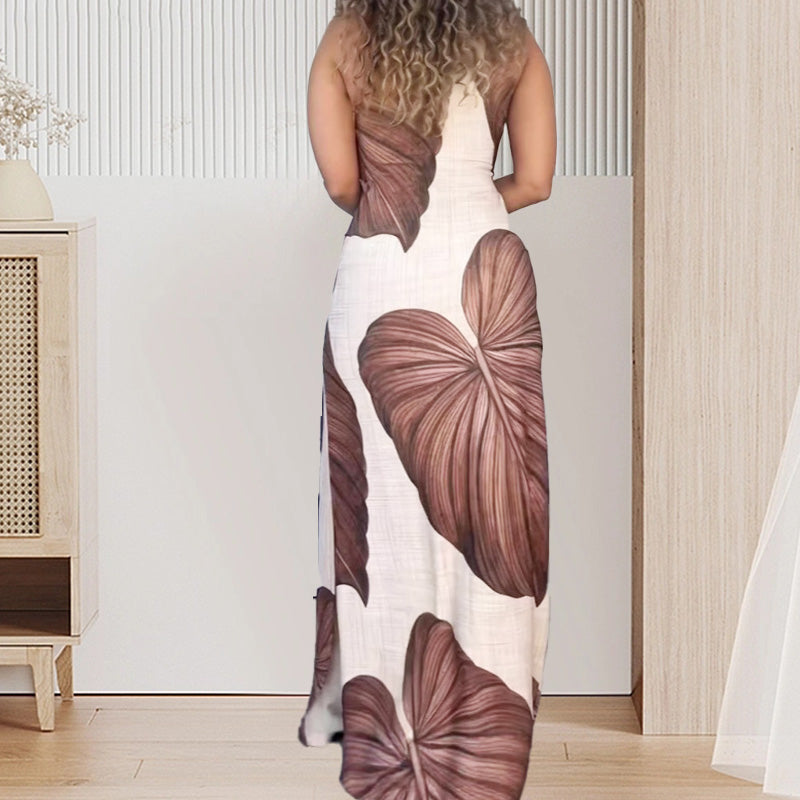 Vestido largo ajustado de un solo hombro con estampado de palmeras