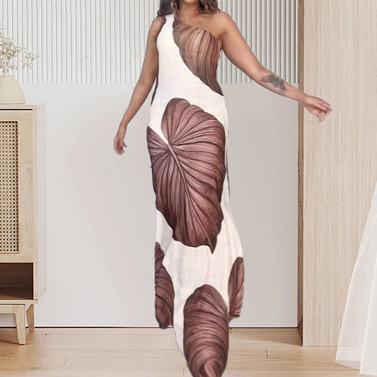 Vestido largo ajustado de un solo hombro con estampado de palmeras