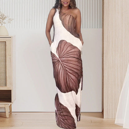 Vestido largo ajustado de un solo hombro con estampado de palmeras