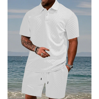 Conjunto de dos piezas para hombre con rombos: camisa manga corta con cuello y short cordón ajustable