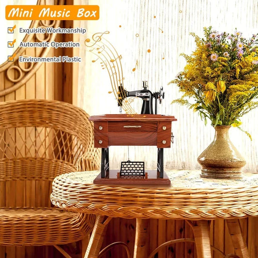 Mini Caja de Música en Forma de Máquina de Coser de Madera