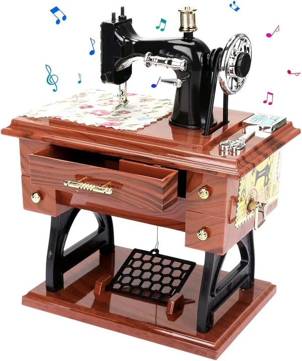 Mini Caja de Música en Forma de Máquina de Coser de Madera
