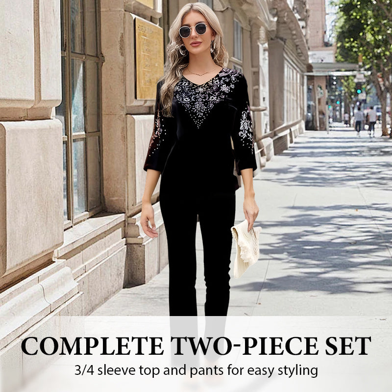 Conjunto de Top y Pantalón de Terciopelo con Estrás para Mujer