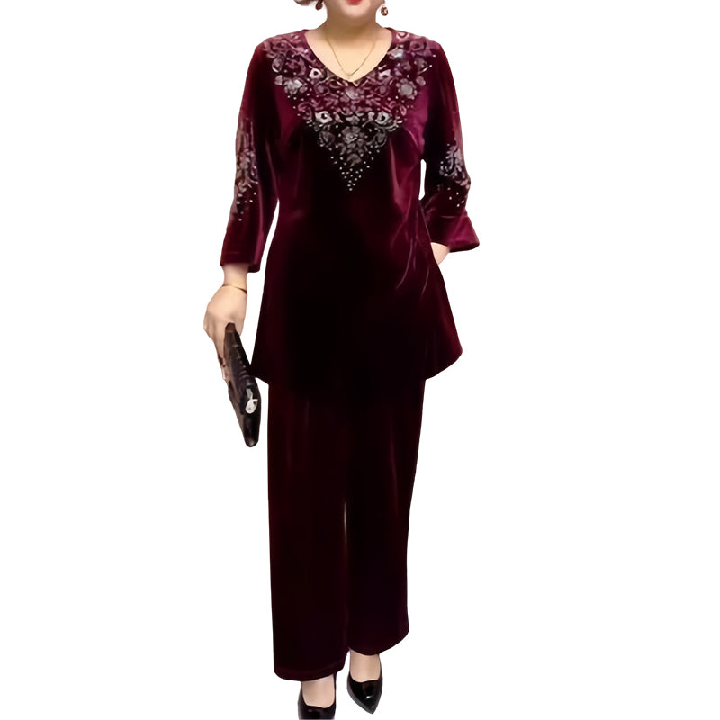 Conjunto de Top y Pantalón de Terciopelo con Estrás para Mujer
