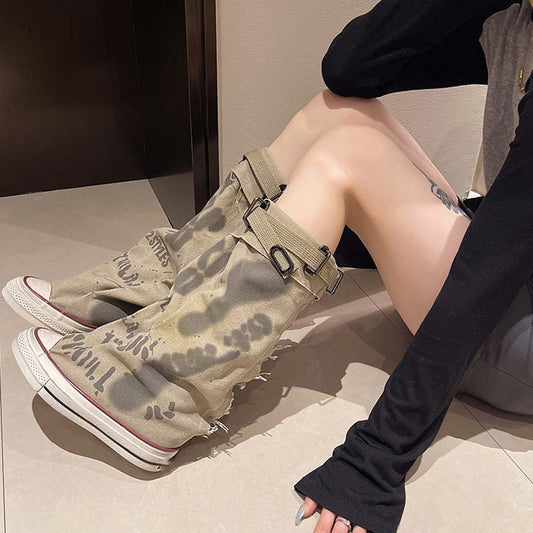Botas retro de lona para mujer, planas y holgadas, media caña